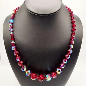 Vintage Red Aurora Borealis Crystal Necklace Graduated Ruby Glass 22 inch 1950s